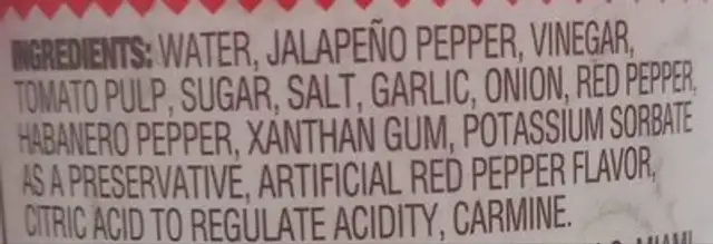 Siriracha Hot Chili Sauce ingredients label