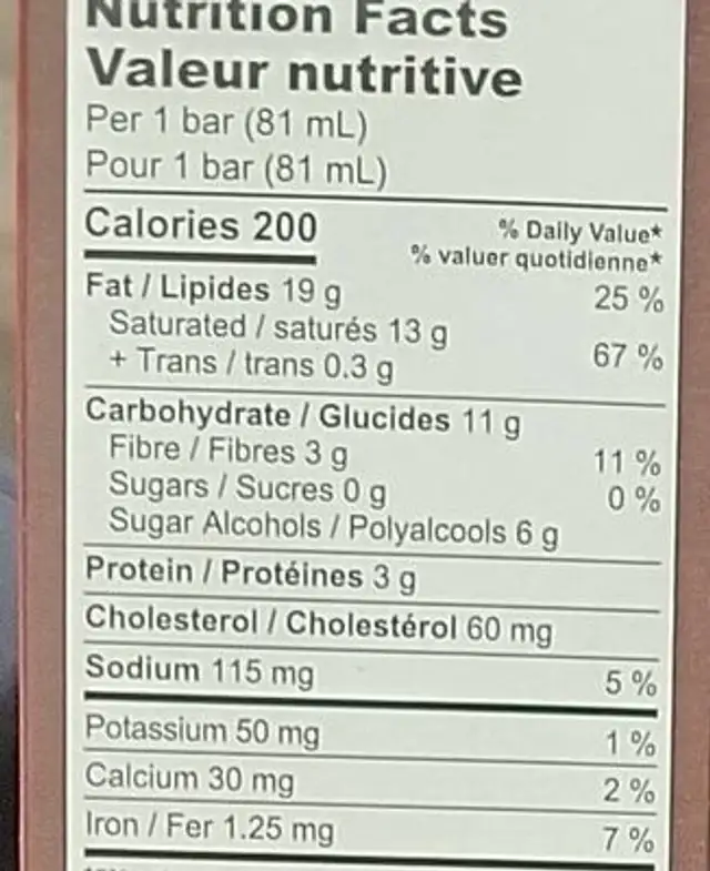 Keto barres chocolat caramel nutrition facts table