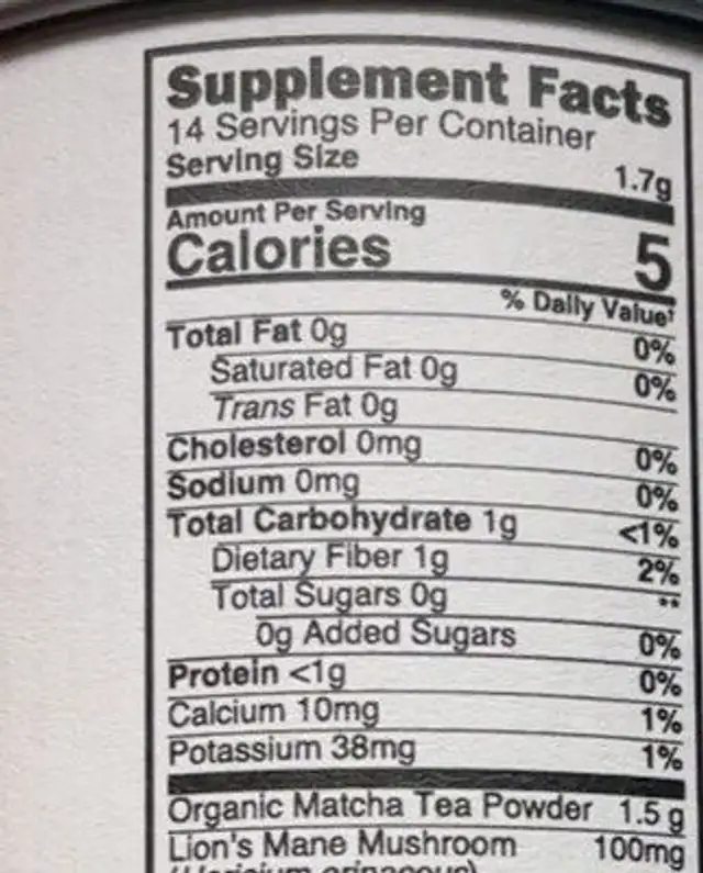 Genius Matcha nutrition facts table