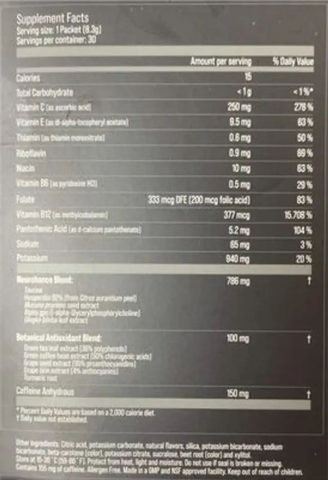 Liquid Einstein Healthy Focus Blend nutrition facts table