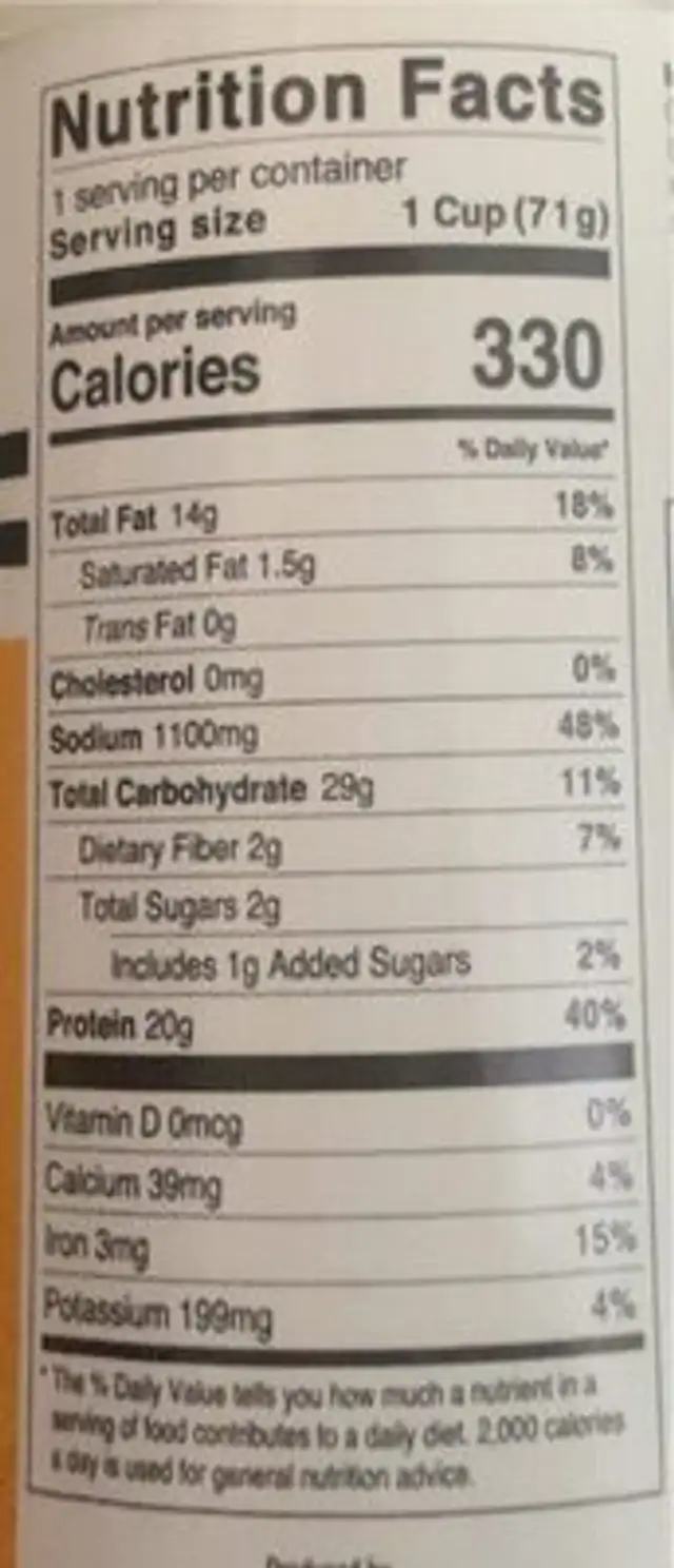 Plant Based Thai Lemongrass Ramen nutrition facts table