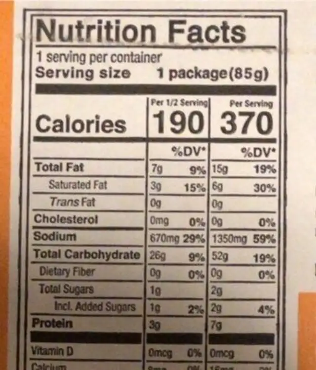 Ramen Express nutrition facts table