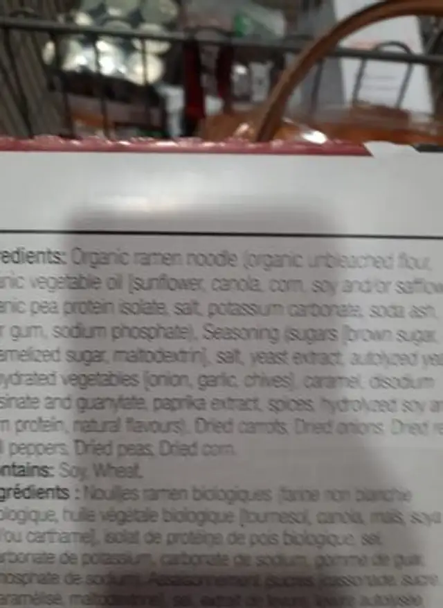 Ramen à saveur de boeuf ingredients label