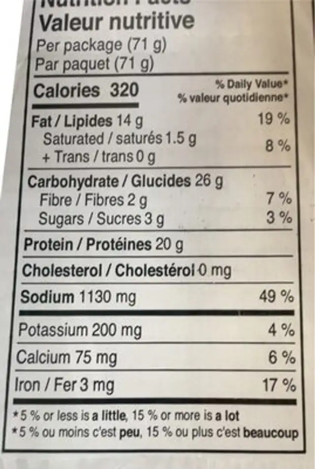 Ramen à saveur de boeuf nutrition facts table