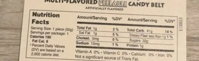 Sour Power nutrition facts table