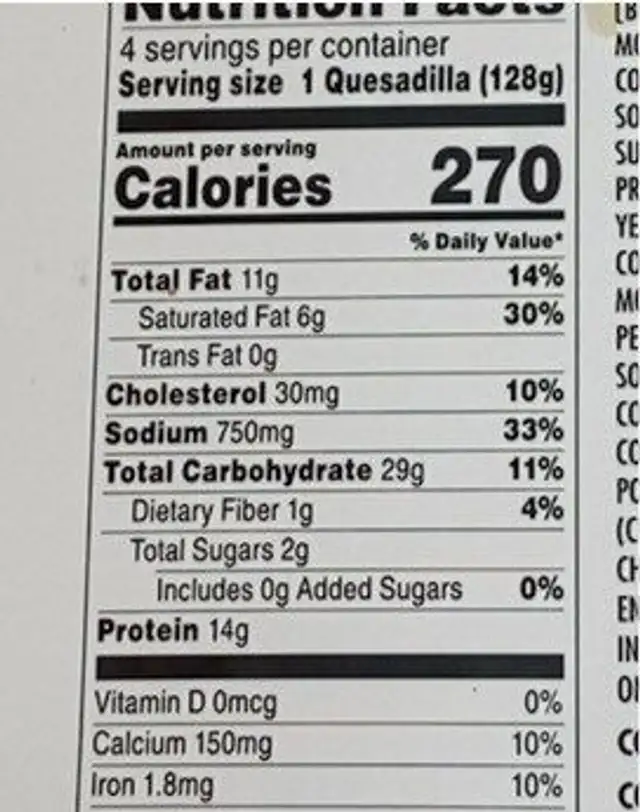 chicken & cheese quesadillas nutrition facts table
