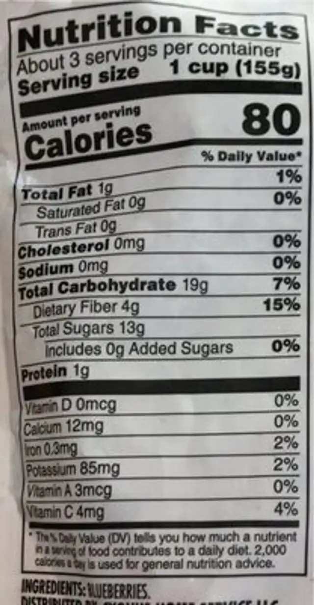 Whole Blueberries nutrition facts table