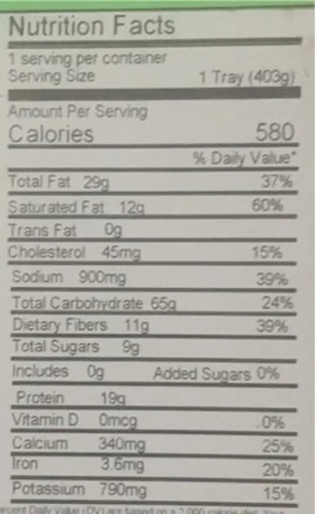 Vegatarian green chile tostada nutrition facts table