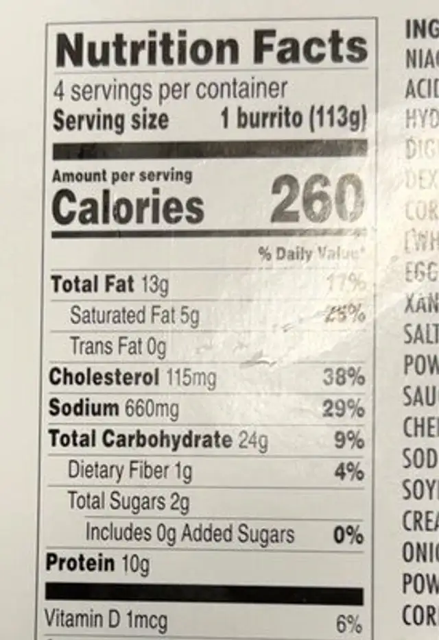 Fiesta breakfast burritos nutrition facts table