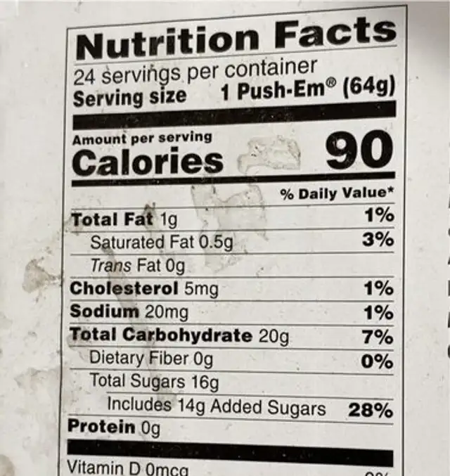Orange Sherbert Push-ems nutrition facts table