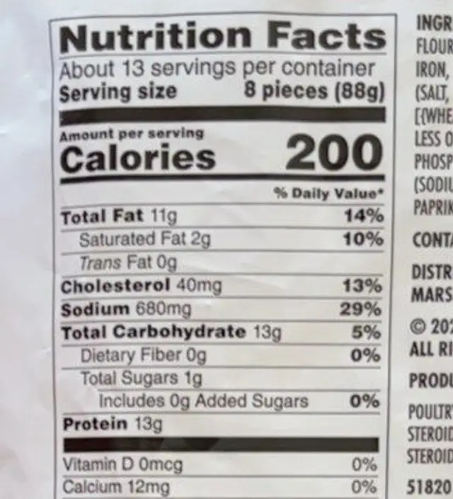 breaded chicken fries nutrition facts table