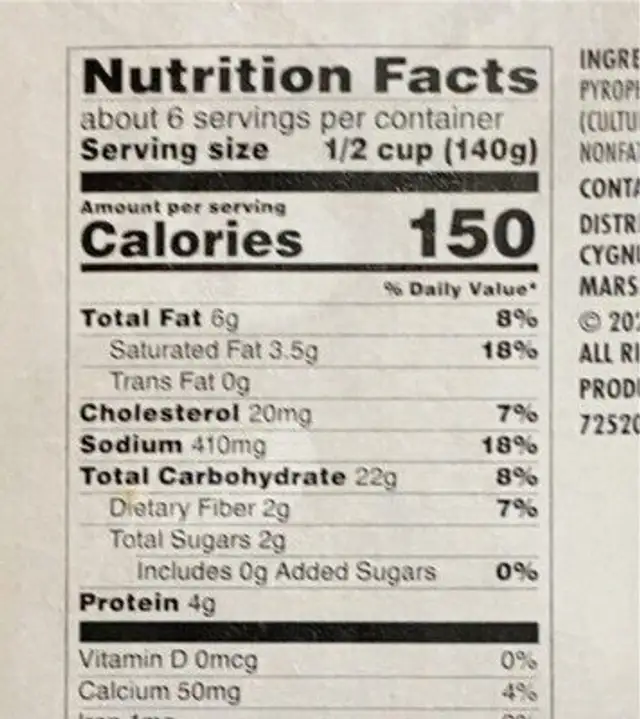 Creamy Mashed Potatoes nutrition facts table