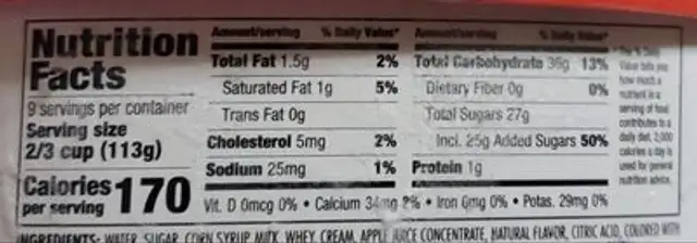 Passion Punch nutrition facts table