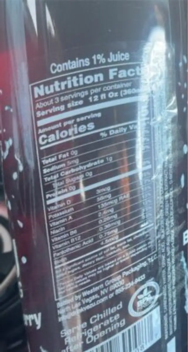 Vezu sparkling black raspberry nutrition facts table