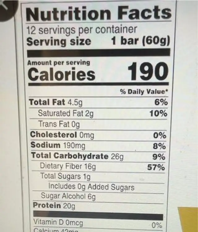 S'mores Bar nutrition facts table