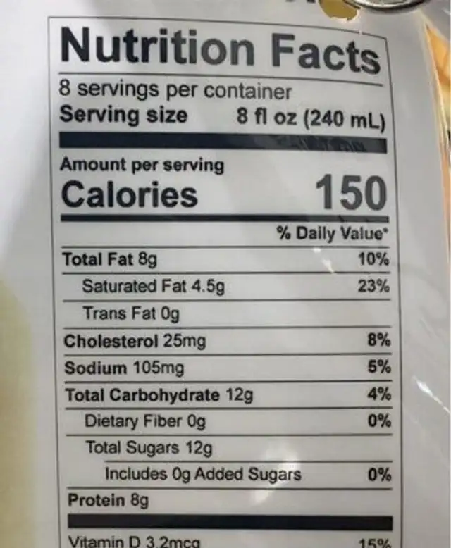 Half Gallon whole milk nutrition facts table