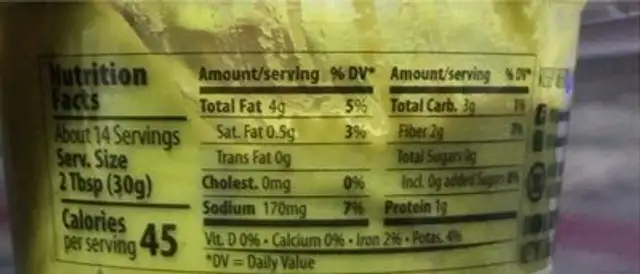 Original Guacamole nutrition facts table