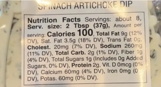 Spinach Artichoke Dip nutrition facts table