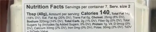 Bacon cheddar ranch dip nutrition facts table