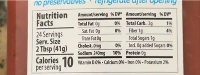 Salsa nutrition facts table