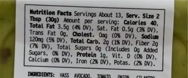 Mild Guacamole nutrition facts table