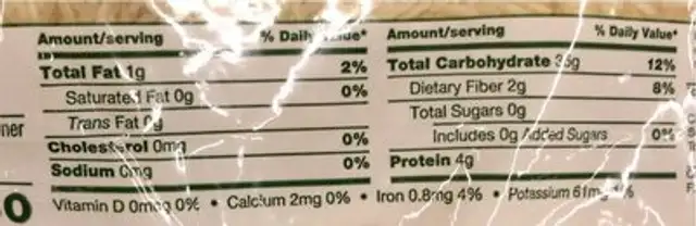Health & Harvest nutrition facts table