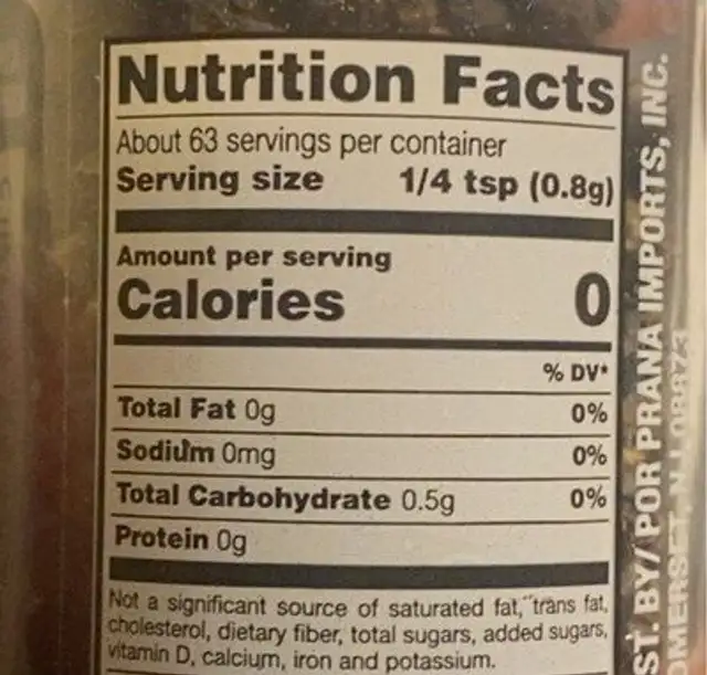 Whole Black Pepper nutrition facts table