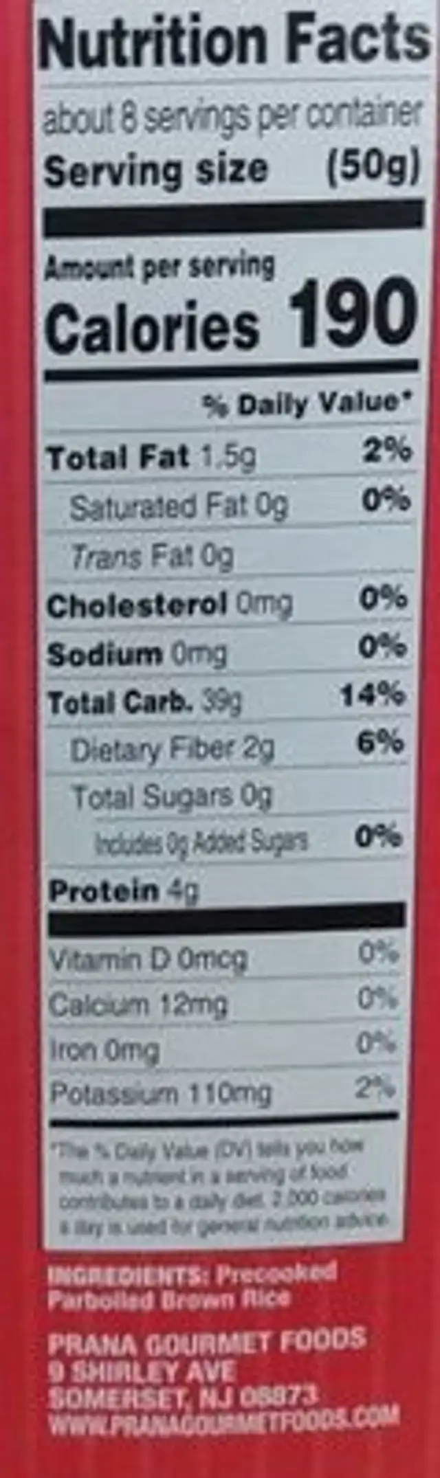Health and Harvest Instant Brown Rice nutrition facts table
