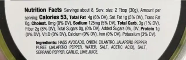 Original Guacamole nutrition facts table