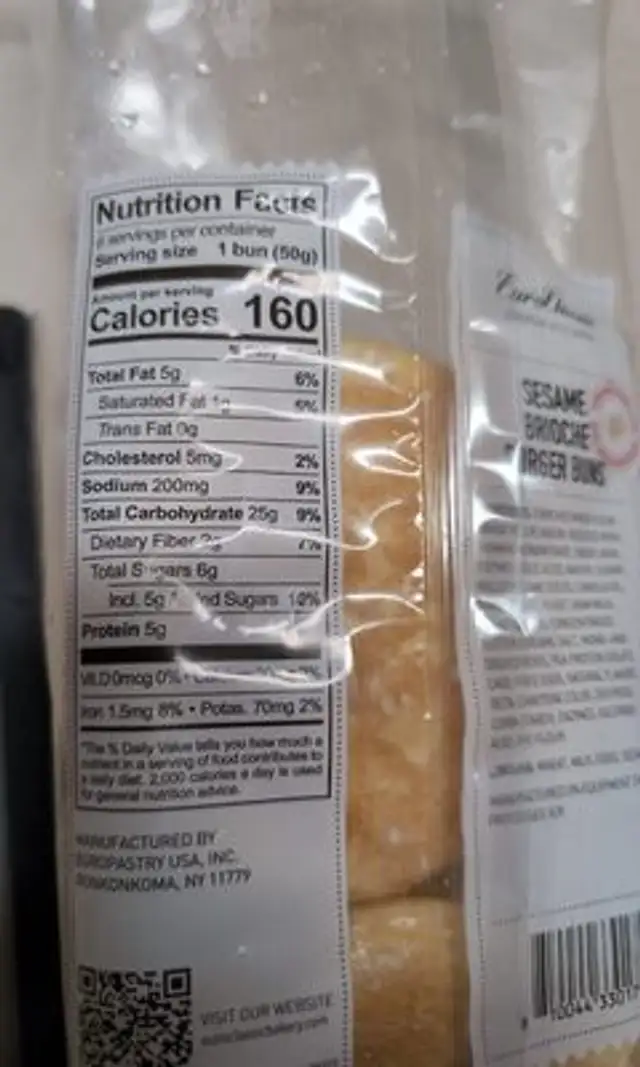 Sesame Brioche Burger Buns nutrition facts table