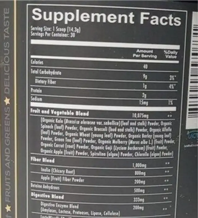 GI Juice nutrition facts table
