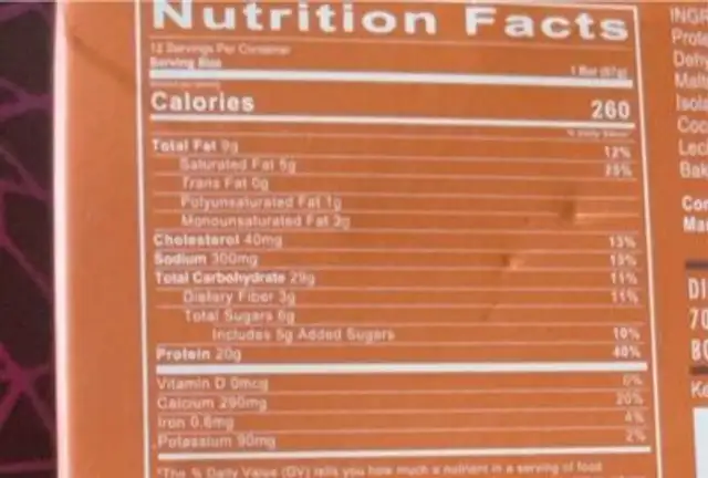 mre bar nutrition facts table