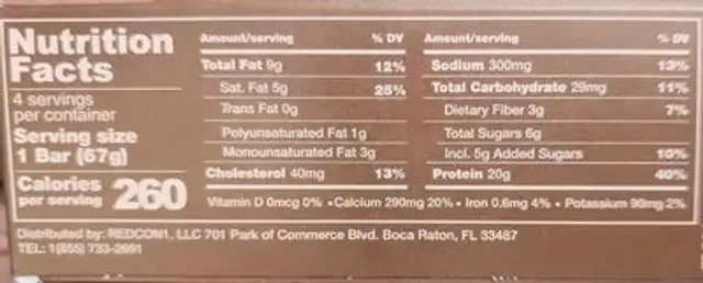 MRE Bar nutrition facts table