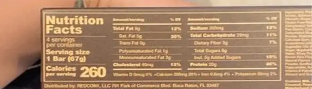MRE BAR nutrition facts table
