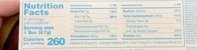 MRE Bar nutrition facts table