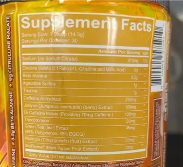 REDCON1 Preworkout nutrition facts table