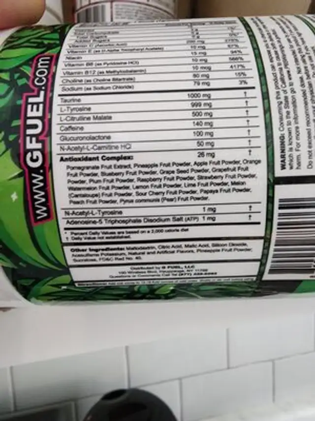 G FUEL ingredients label