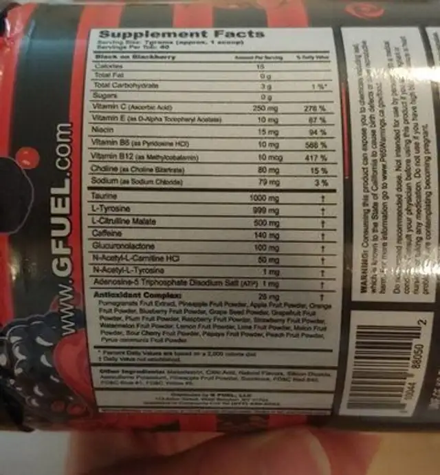 G FUEL nutrition facts table