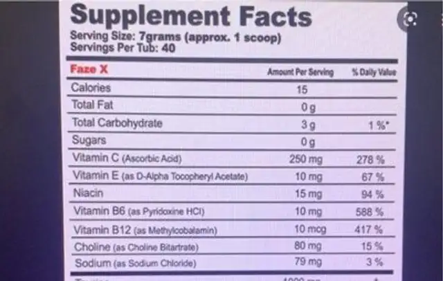 GFuel nutrition facts table
