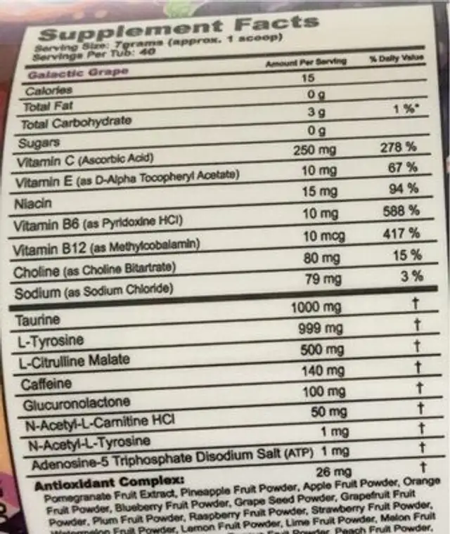 G Fuel Galaxy Grape nutrition facts table