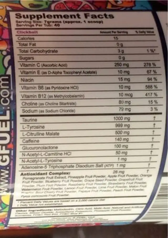 Gfuel nutrition facts table