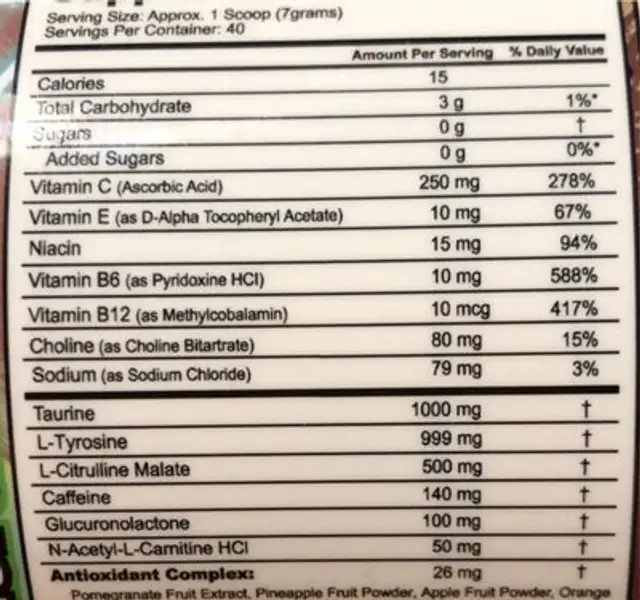 Mega Potion nutrition facts table