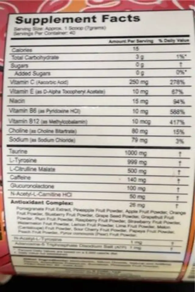 G fuel nutrition facts table