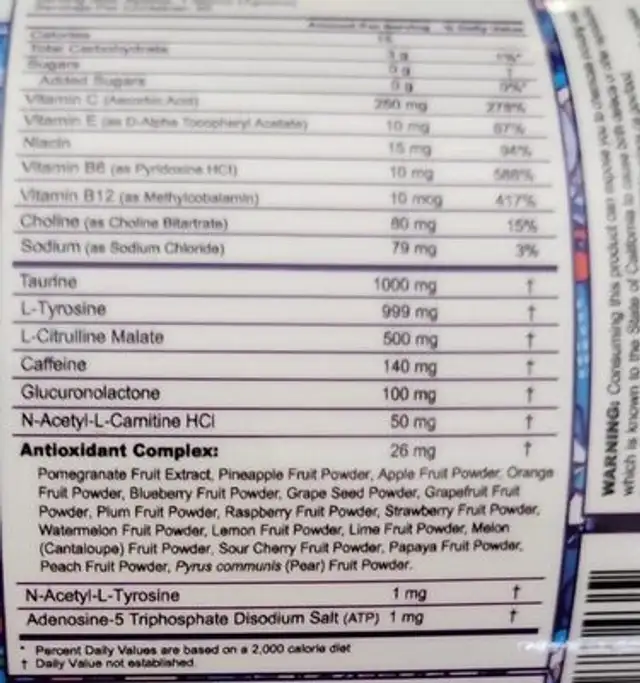 GFUEL Energy Formula Raspberry Iced Tea nutrition facts table