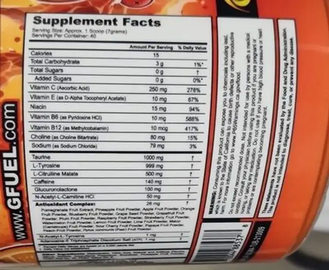 GFUEL Orange Cran'thony nutrition facts table