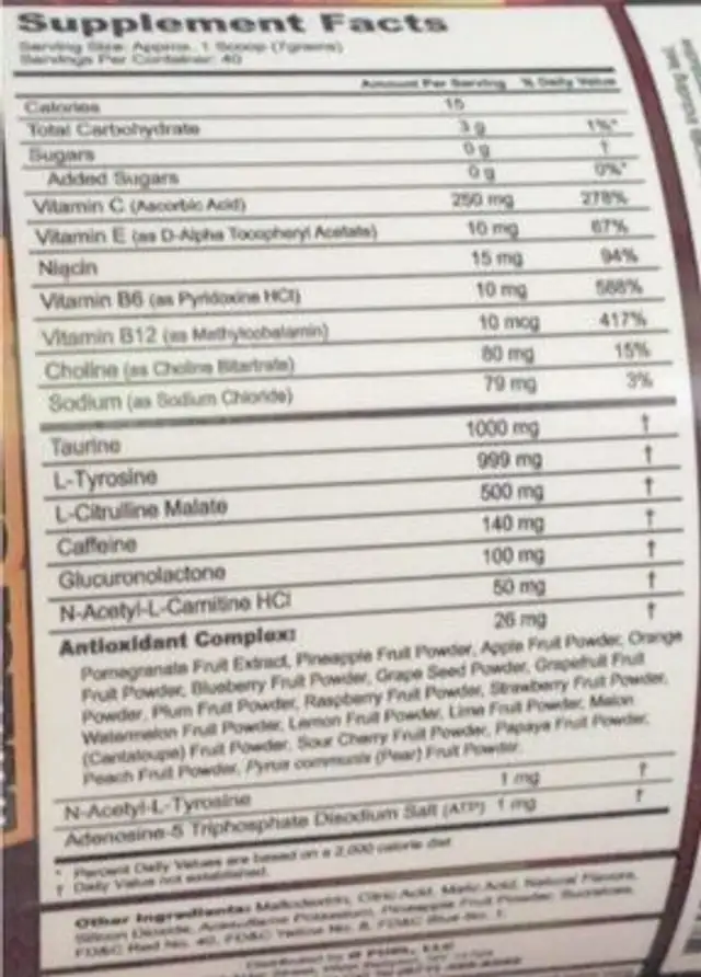 Gfuel nutrition facts table