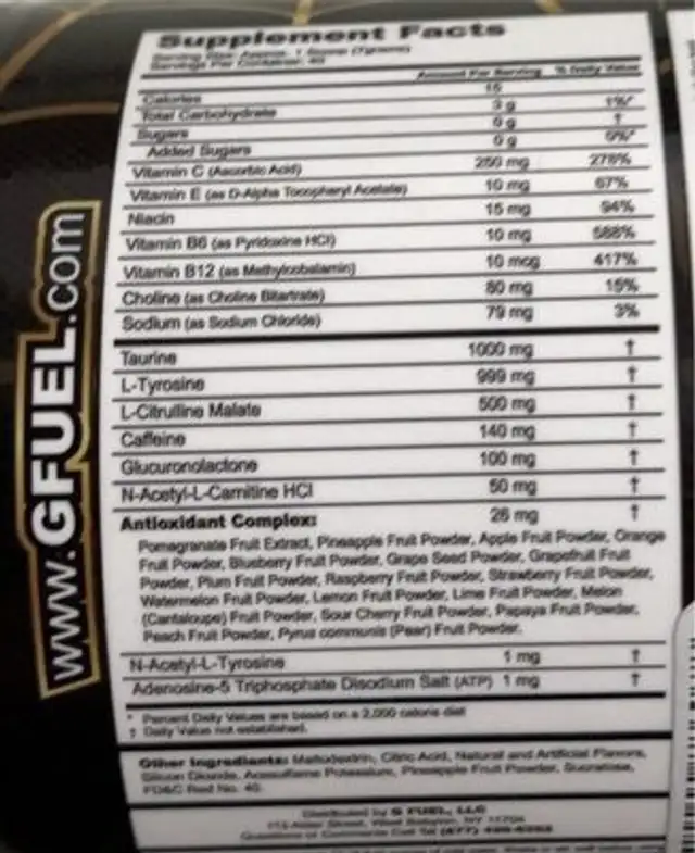 Radio Active Lemonade Energy Drink nutrition facts table