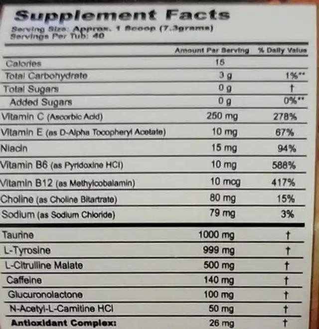 GFuel Diablo Immortal Health Potion nutrition facts table