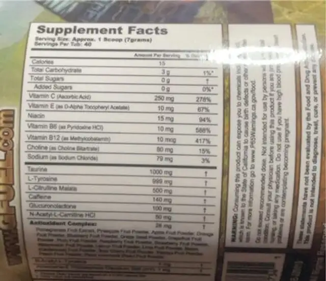 GFuel Fortune blend nutrition facts table