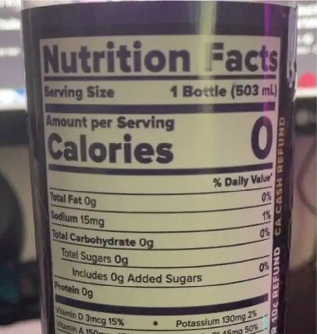 Hydration nutrition facts table